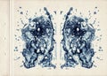 Scan of a card of a colored rorschach inkblot test. Blue color watercolor paint symmetric splotch on old vintage paper. Abstract w