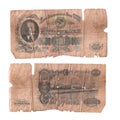 Scan of a dilapidated second-hand Soviet USSR banknote of 1947 with a denomination of 100 rubles