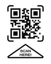 Scan here icon. QR code template. Fake example of quick responce matrix barcode in square grid. Mobile phone camera