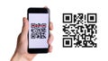 Scan pay. Hand holding mobile smartphone screen for payment pay, scan barcode technology with qr code scanner on digital