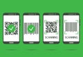 Scan QR code with mobile phone. QR code scans completed. Machine-readable barcode on smartphone screen. Verification or payment