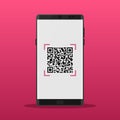 Scan QR code to Mobile Phone. QR Codes decoding with a smartphone. Electronic, digital technology, barcode. Vector