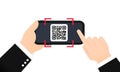 Scan QR code to pay with Mobile phone. Smartphone scanning QR-code. Barcode Verification. Scanning tag, generate digital pay