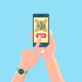 Scan QR code to phone. Mobile barcode reader, scanner in hand. Electronic digital payment with smartphone. Vector flat design Royalty Free Stock Photo