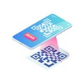 Scan QR code via smartphone. 3d Mobile Scanning barcode concept, QR Verification isometric vector. Quick response code