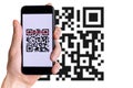 Scan qrcode. Hand holding digital mobile smart phone with qr code scanner on smartphone screen for payment, online pay Royalty Free Stock Photo