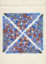 Scan of a sheet of aged vintage paper decorated with a hand-drawn square divided into four symmetrical triangles. Fine artistic sq