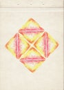 Scan of a sheet of aged vintage yellowed paper decorated with a hand-drawn yellow and red color square divided into eight symmetri