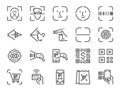 Scan to pay line icon set. Included icons as face id, scanner, qr code, barcode, shopping and more.