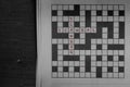 Scandal and slander written in red as solutions to a newspaper crossword puzzle