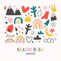 Scandi baby collection, scandinavian abstract shapes set, doodle hand drawn illustrations of rainbow, mountain, isolated