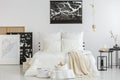 Scandi bedroom with contemporary paintings Royalty Free Stock Photo