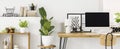 Scandi home office interior with a desktop computer on a wooden Royalty Free Stock Photo