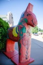 Red Dala Horse wooden statue symbolizes the Swedish and Norwegian culture of the small Minnesota town
