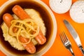 Scandiinavian or Norwegian Sausage and Mashed Potatoes With Gravy and Fried Onions Royalty Free Stock Photo