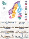 Vector Scandinavian and Baltic countries map with flags and cities skylines: Copenhagen, Stockholm, Oslo, Reykjavik, Helsinki, Rig Royalty Free Stock Photo