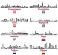 Vector set of Baltic and Scandinavian countries` cities skylines: Copenhagen, Stockholm, Oslo, Reykjavik, Helsinki, Riga, Tallinn,