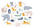 Scandinavian animals. Cute childish fox, elephant, bear, crocodile, rabbit, cat. Hand drawn forest and jungle animal Royalty Free Stock Photo