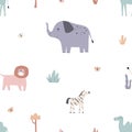 Scandinavian animals pattern. Seamless endless childish background with cute elephant, lion, zebra in Scandi style