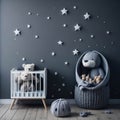 Scandinavian Baby Boy room, Blue color Wall, Stars And Decoration, Wooden Cradle, Toys, Parquet Floor, Soft Light Generative Ai Royalty Free Stock Photo