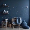 Scandinavian Baby Boy room, Blue color Wall, Stars And Decoration, Wooden Cradle, Toys, Parquet Floor, Soft Light Generative Ai Royalty Free Stock Photo