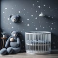 Scandinavian Baby Boy room, Blue color Wall, Stars And Decoration, Wooden Cradle, Toys, Parquet Floor, Soft Light Generative Ai Royalty Free Stock Photo