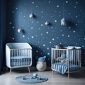 Scandinavian Baby Boy room, Blue color Wall, Stars And Decoration, Wooden Cradle, Toys, Parquet Floor, Soft Light Generative Ai Royalty Free Stock Photo