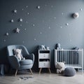 Scandinavian Baby Boy room, Blue color Wall, Stars And Decoration, Wooden Cradle, Toys, Parquet Floor, Soft Light Generative Ai Royalty Free Stock Photo