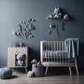 Scandinavian Baby Boy room, Blue color Wall, Stars And Decoration, Wooden Cradle, Toys, Parquet Floor, Soft Light Generative Ai Royalty Free Stock Photo