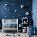 Scandinavian Baby Boy room, Blue color Wall, Stars And Decoration, Wooden Cradle, Toys, Parquet Floor, Soft Light Generative Ai Royalty Free Stock Photo