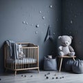 Scandinavian Baby Boy room, Blue color Wall, Stars And Decoration, Wooden Cradle, Toys, Parquet Floor, Soft Light Generative Ai Royalty Free Stock Photo