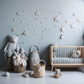 Scandinavian Baby room, Neutral color Wall, Stars And Decoration, Wooden Cradle, Toys, Parquet Floor, Soft Light Generative Ai Royalty Free Stock Photo