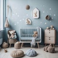 Scandinavian Baby room, Neutral color Wall, Stars And Decoration, Wooden Cradle, Toys, Parquet Floor, Soft Light Generative Ai Royalty Free Stock Photo