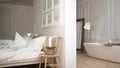 Scandinavian bathroom and bedroom, white minimalistic design, ho Royalty Free Stock Photo