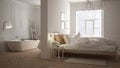 Scandinavian bathroom and bedroom, white minimalistic design, ho