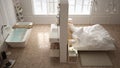 Scandinavian bathroom and bedroom, white minimalistic design, ho Royalty Free Stock Photo