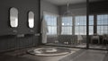 Scandinavian bathroom, parquet and beige tiles floor, stained glass window, panoramic view, bathtub, chairs and candles, sink,