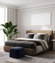 Scandinavian bedroom with bed, blue pouf, plant and a big art frame, 3d rendering