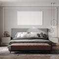 Scandinavian bedroom with bed, pink pouf, plant and a big frame, 3d rendering