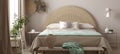 Scandinavian bedroom interior with bed in pastel beige and mint colors
