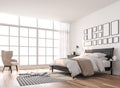 Scandinavian bedroom with large window 3d render