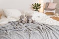 Scandinavian bedroom room with standing lamp, plant, grey wall, white furniture, teddy bears. Cute modern interior and Royalty Free Stock Photo