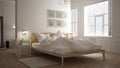 Scandinavian bedroom, white minimalistic design, hotel spa resort