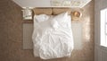 Scandinavian bedroom, white minimalistic design, hotel spa resort, top view