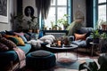 scandinavian boho interior with bold pops of color, pattern and textures