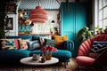 scandinavian boho interior with bold pops of color, pattern and textures