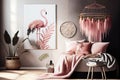 scandinavian boho interior with dreamcatcher, pink flamingo and plant