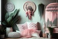 scandinavian boho interior with dreamcatcher, pink flamingo and plant