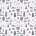 Scandinavian buildings pattern. Minimalist urban background, kids road map with houses transport. Nordic print decent