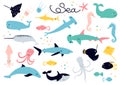 Scandinavian cartoon collection of vector drawings on the theme of sea animals - stingray; jellyfish; fish; fish saw; narwal;